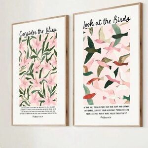 2 Piece Bible Verse Floral and Bird Wall Art, Canvas Only, 12x16